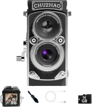 CHUZHAO ヴィンテージミニデジタルカメラ、ポータブルTLRスタイルのレトロでコンパクトな小型ポケットサイズ1080P ビデオカメラ、12MPオートフォーカス機能搭載で、初心者、ティーンエイジャー、大人向け、16GBカード、ネックストラップ、Type-C充電ケーブル、日本語取扱説明書付き